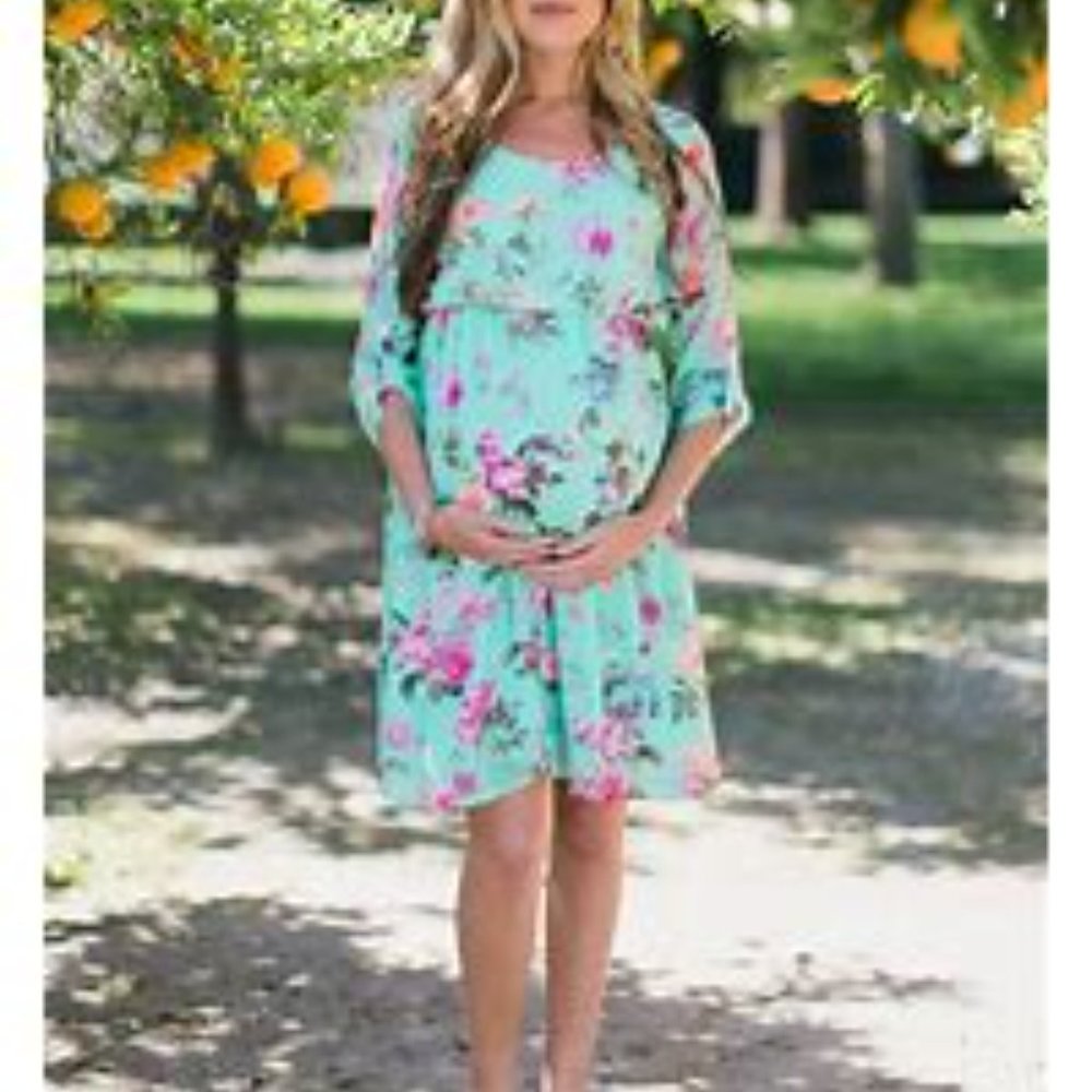 Pink Blush Mint Green Floral Maternity Dress Medium - Gem